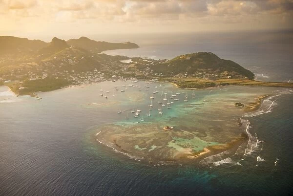 Aerial of Union Island at sunset, The Grenadines, St. Vincent and the Grenadines. Windward Islands, West Indies, Caribbean, Central America