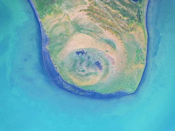 Aerial vertical view of old volcano near to Myvatn lake on a summer day, Iceland, Polar Regions