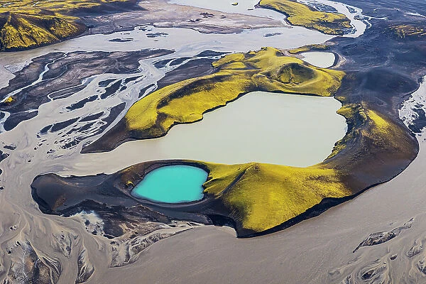 Aerial view by airplane of incredible turquoise volcanic Skafta lake in Icelandic Highlands, Iceland, Polar Regions