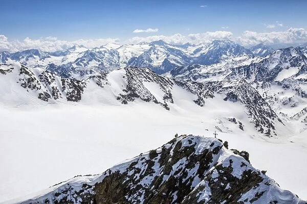 Aerial view of alpine skiers on Mount Dosegu, Stelvio National Park, Valtellina, Valfurva
