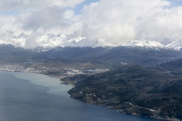Aerial view of the Andes Mountains surrounding Ushuaia, Argentina, South America