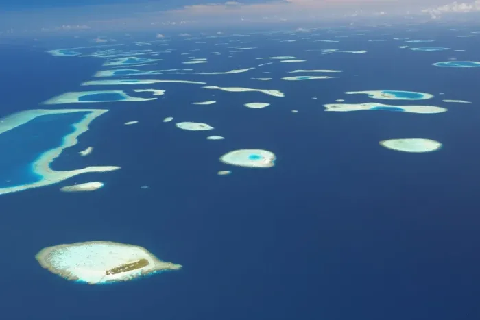 Framed Print : Aerial view of atolls and islands in The Maldives, Indian Ocean, Asia Framed Print : Aerial view of atolls and islands in The Maldives, Indian Ocean, Asia