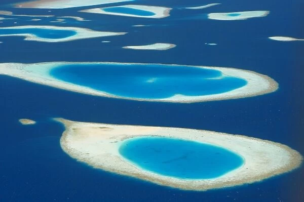 Aerial view of atolls in the Maldive Islands, Indian Ocean, Asia