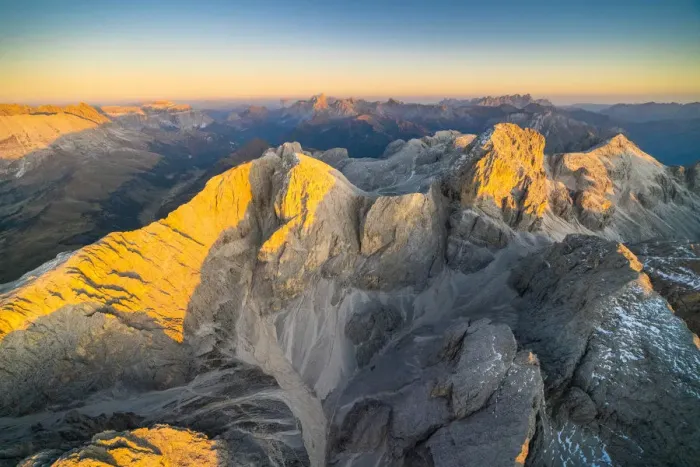 Framed Print : Aerial view of autumn sunset over the majestic peaks of Catinaccio Group, Dolomites Framed Print : Aerial view of autumn sunset over the majestic peaks of Catinaccio Group, Dolomites