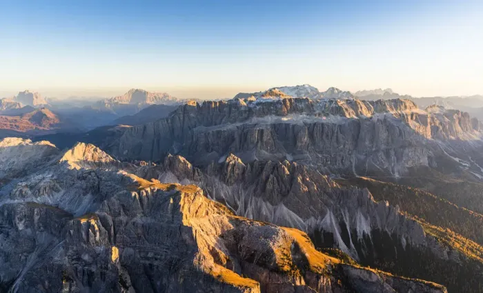 Framed Print : Aerial view of autumn sunset on rocky peaks of Sella Group, Val Gardena, Val di Fassa Framed Print : Aerial view of autumn sunset on rocky peaks of Sella Group, Val Gardena, Val di Fassa