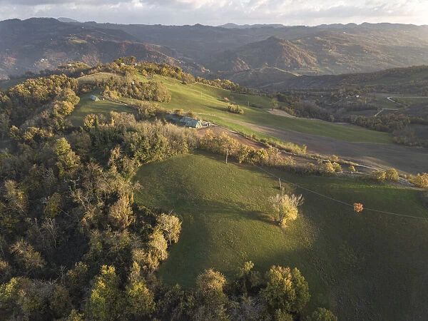 Aerial view of an autumnal sunset on the countryside, Emilia Romagna, Italy, Europe