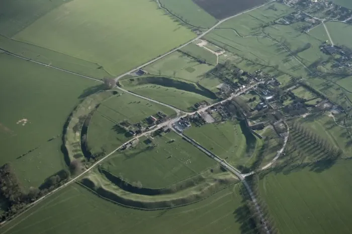 Framed Print : Aerial view of Avebury, UNESCO World Heritage Site, Wiltshire, England Framed Print : Aerial view of Avebury, UNESCO World Heritage Site, Wiltshire, England