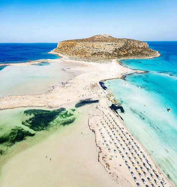 Aerial view of Balos beach and lagoon washed by the turquoise clear sea, Crete island