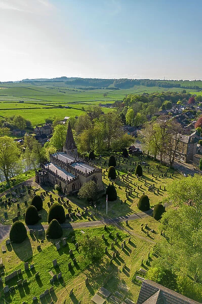 Aerial view of Baslow church and village, Peak District National Park, Derbyshire, England, United Kingdom, Europe