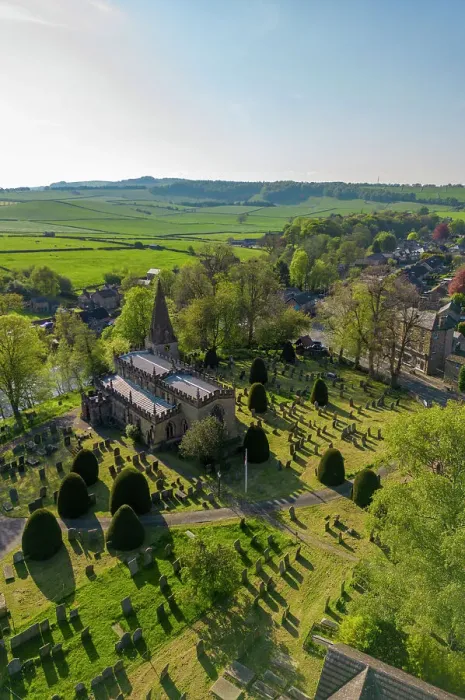 Framed Print : Aerial view of Baslow church and village, Peak District National Park, Derbyshire, England, United Kingdom, Europe Framed Print : Aerial view of Baslow church and village, Peak District National Park, Derbyshire, England, United Kingdom, Europe