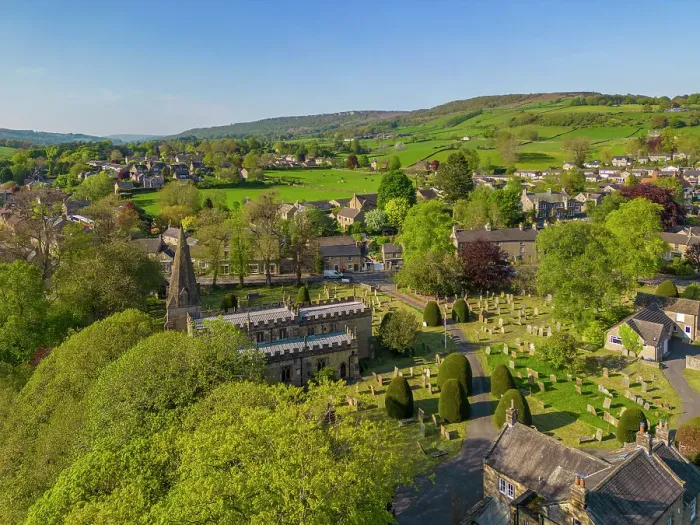 Framed Print : Aerial view of Baslow village, Peak District National Park, Derbyshire, England, United Kingdom, Europe Framed Print : Aerial view of Baslow village, Peak District National Park, Derbyshire, England, United Kingdom, Europe