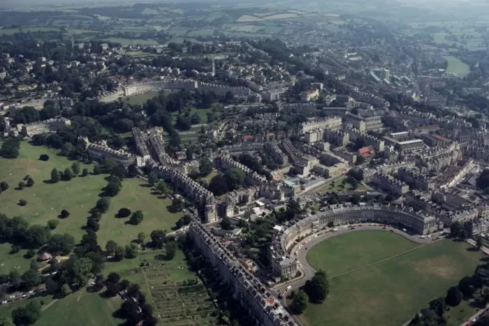 Framed Print : Aerial view of Bath, including the Royal Crescent, Avon (Somerset), England Framed Print : Aerial view of Bath, including the Royal Crescent, Avon (Somerset), England