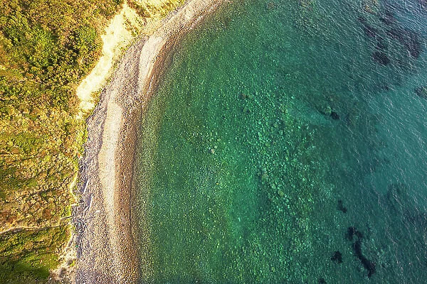 Aerial view of an empty beach on Palmarola island, Ponza municipality, Mediterranean Sea, Pontine archipelago, Latina Province, Latium (Lazio), Italy, Europe