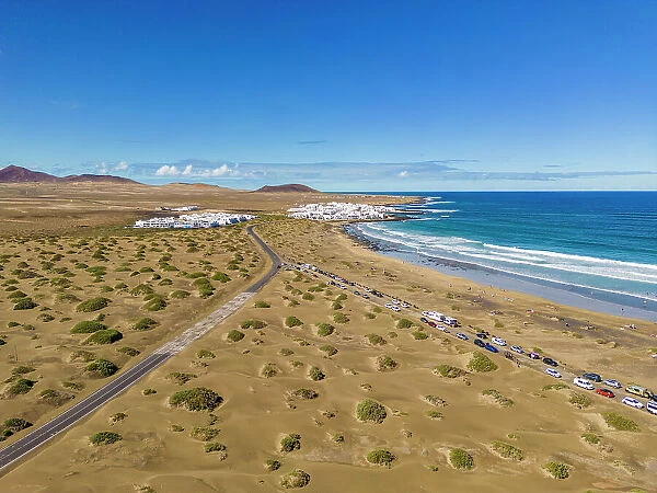 Aerial view of beach of Playa Famara, Caleta de Famara, Lanzarote, Las Palmas, Canary Islands, Spain, Atlantic, Europe