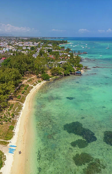 Aerial view of beach and turquoise water at Le Clos Choisy, Mauritius, Indian Ocean, Africa
