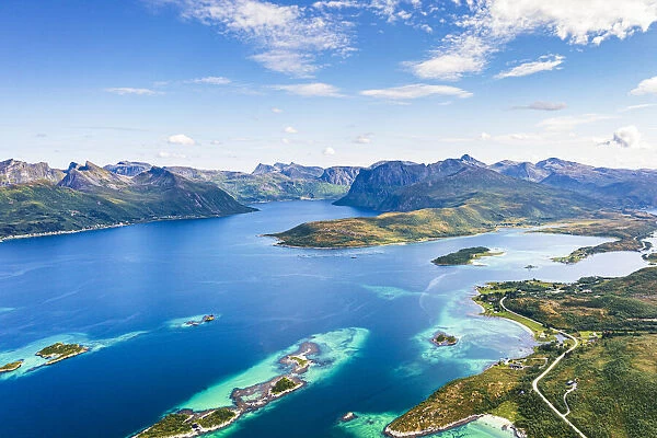 Aerial view of Bergsoyan Islands and Bergsbotn scenic route along the fjord, Skaland