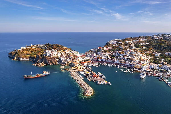 Aerial view of the blue water around the harbour of Ponza island on a sunny day, Pontine archipelago, Latina province, Tyrrhenian Sea, Latium (Lazio), Italy Europe