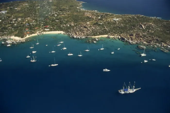 Framed Print : Aerial view over boats moored off the coast of St Framed Print : Aerial view over boats moored off the coast of St