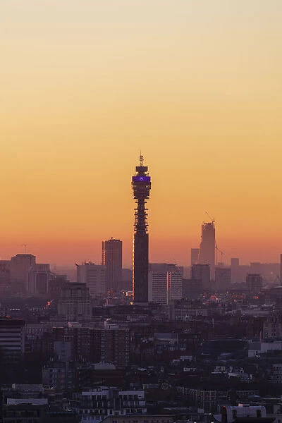 Aerial view of BT Tower at sunset, London, England, United Kingdom, Europe