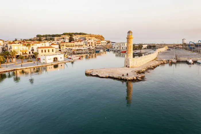 Framed Print : Aerial view of the calm sea at dawn surrounding the old Venetian port and lighthouse, Rethymno, Crete island, Greek Islands, Greece, Europe Framed Print : Aerial view of the calm sea at dawn surrounding the old Venetian port and lighthouse, Rethymno, Crete island, Greek Islands, Greece, Europe