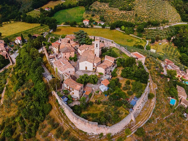Aerial view of Campello Alto, Campello sul Clitunno, Perugia, Umbria, Italy, Europe