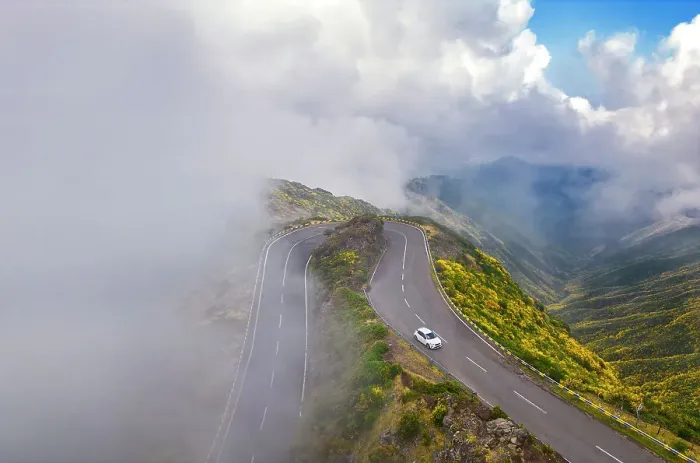 Framed Print : Aerial view of a car at Lombo do Mouro, Laurel's forest, Paul da Serra, Madeira, Portugal, Atlantic, Europe Framed Print : Aerial view of a car at Lombo do Mouro, Laurel's forest, Paul da Serra, Madeira, Portugal, Atlantic, Europe