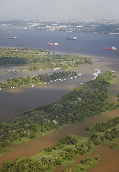 Aerial view of cargo ships on the Rio Negro, Manaus, Amazonas, Brazil, South America