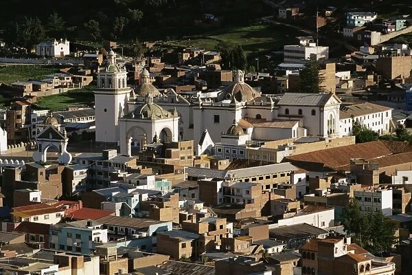 Aerial view of cathedral and town, Copacabana, Lake Titicaca, Bolivia, South America