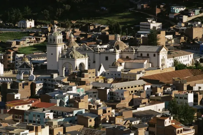 Framed Print : Aerial view of cathedral and town, Copacabana, Lake Titicaca, Bolivia, South America Framed Print : Aerial view of cathedral and town, Copacabana, Lake Titicaca, Bolivia, South America