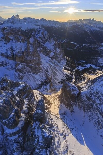 Aerial view of Catinaccio Group at sunset, Sciliar Natural Park, Dolomites, Trentino-Alto Adige