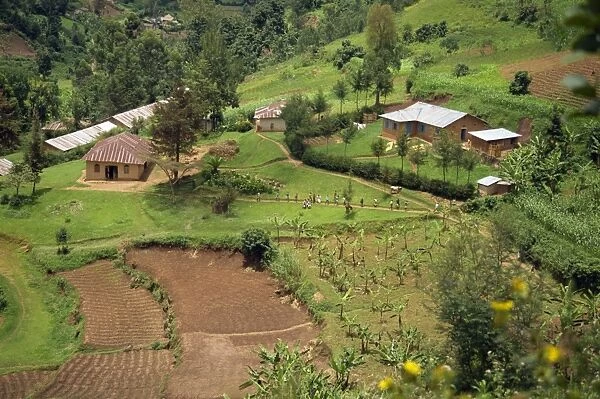 Aerial view of children leaving school and terraced fields