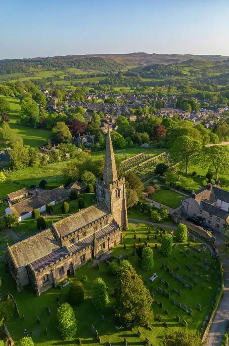 Framed Print : Aerial view of church and village of Hathersage village, Peak District National Park, Derbyshire, England, United Kingdom, Europe Framed Print : Aerial view of church and village of Hathersage village, Peak District National Park, Derbyshire, England, United Kingdom, Europe