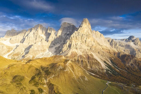 Aerial view of Cimon della Pala during the autumn sunset, Pale di San Martino, Rolle Pass