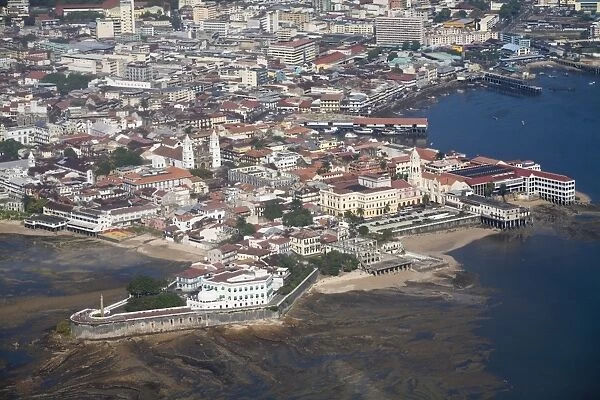 Aerial view of city showing the old town of Casco Viejo also known as San Felipe