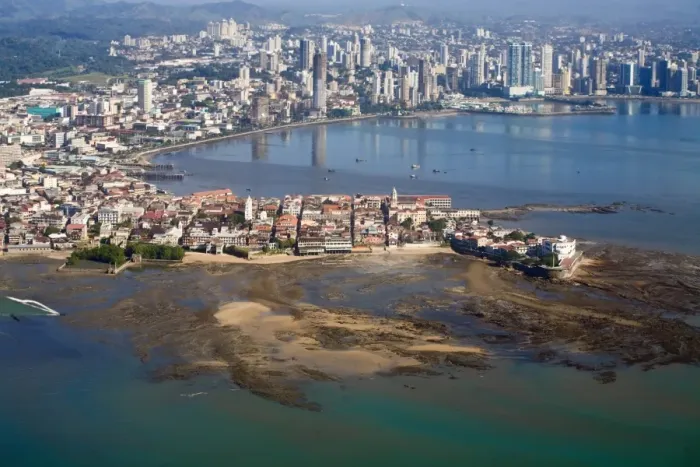 Framed Print : Aerial view of city showing the old town of Casco Viejo also known as San Felipe Framed Print : Aerial view of city showing the old town of Casco Viejo also known as San Felipe