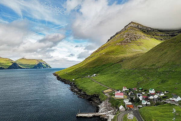 Aerial view of the coastal village of Kunoy and fjord in summer, Kunoy Island, Faroe Islands, Denmark, Europe