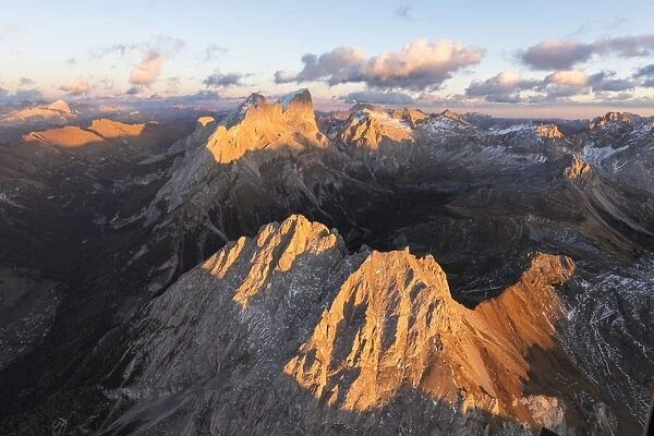 Aerial view of Colac, Gran Vernel and Marmolada, Dolomites, Trentino-Alto Adige, Italy