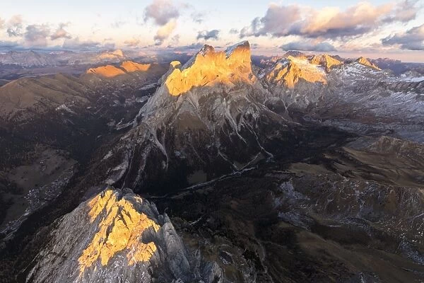 Aerial view of Colac, Gran Vernel, Marmolada and Val Contrin, Dolomites, Trentino-Alto Adige