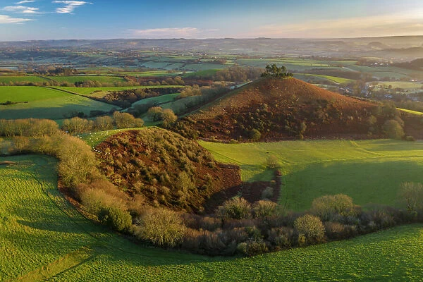 Aerial view of Colmers Hill at dawn on a sunny winter morning, Symondsbury, Dorset, England, United Kingdom, Europe