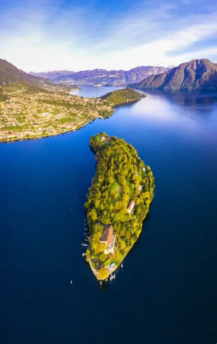 Framed Print : Aerial view of Comacina Island in autumn, Lake Como, Lombardy, Italian Lakes, Italy