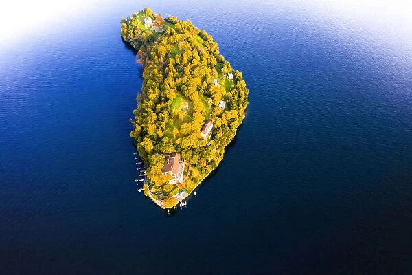 Aerial view of Comacina Island during autumn, Lake Como, Lombardy, Italian Lakes, Italy