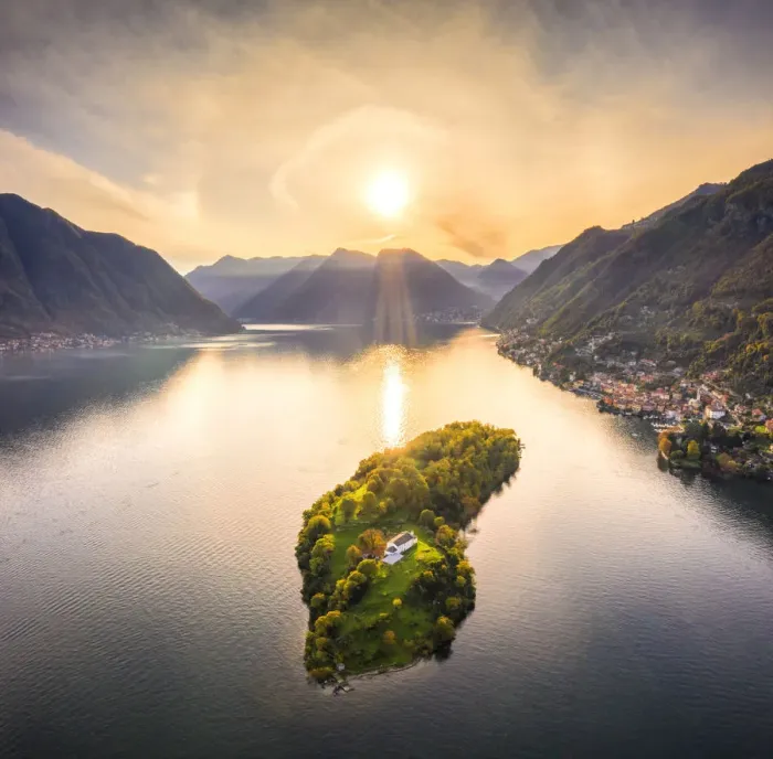 Framed Print : Aerial view of Comacina Island at sunset, Lake Como, Lombardy, Italian Lakes, Italy Framed Print : Aerial view of Comacina Island at sunset, Lake Como, Lombardy, Italian Lakes, Italy