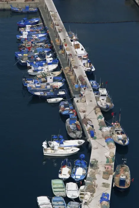 Framed Print : Aerial view of commercial fishing boats in the main