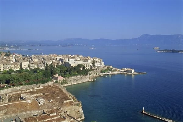 Aerial view over Corfu Town and harbour