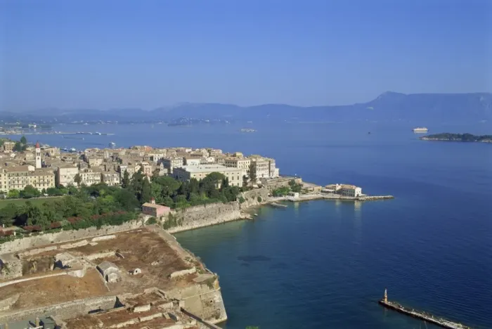 Framed Print : Aerial view over Corfu Town and harbour Framed Print : Aerial view over Corfu Town and harbour