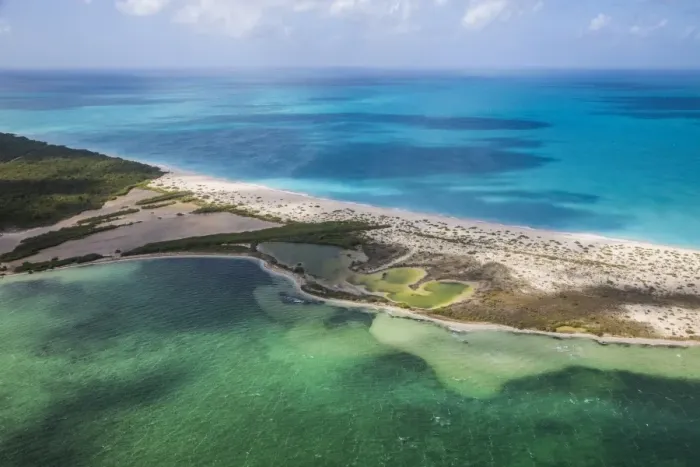 Framed Print : Aerial view of a corner of Barbuda, the Frigate Bird Sanctuary touches a thin strip Framed Print : Aerial view of a corner of Barbuda, the Frigate Bird Sanctuary touches a thin strip