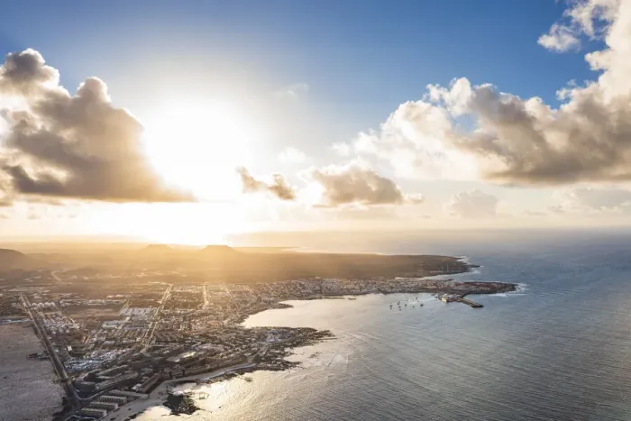 Framed Print : Aerial view of Corralejo at sunset, Fuerteventura, Canary Islands, Spain, Atlantic, Europe Framed Print : Aerial view of Corralejo at sunset, Fuerteventura, Canary Islands, Spain, Atlantic, Europe