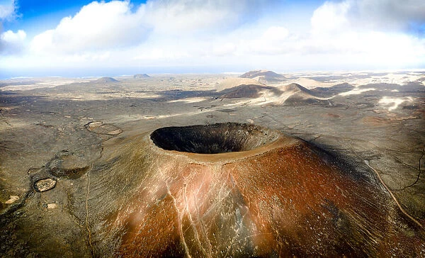 Aerial view of the crater of Hondo volcano (Calderon Hondo), Corralejo, Fuerteventura, Canary Islands, Spain, Atlantic, Europe