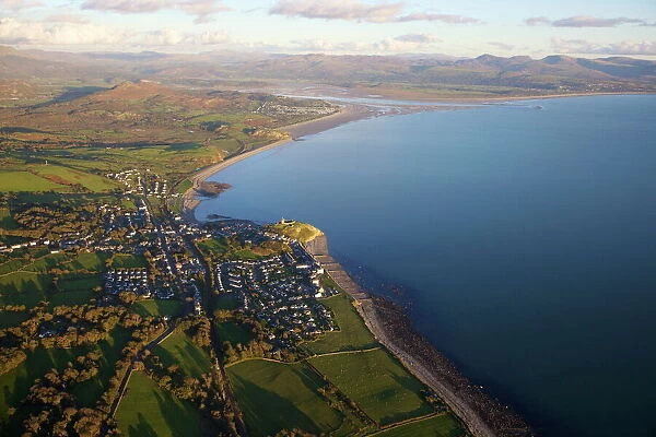Aerial view of Criccieth in evening light, Llyn Peninsula, North Wales