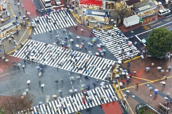 Aerial view of crowds crossing the famous Shibuya Crossing crosswalks at the centre of Shibuyas fashionable shopping and entertainment district, Shibuya, Tokyo